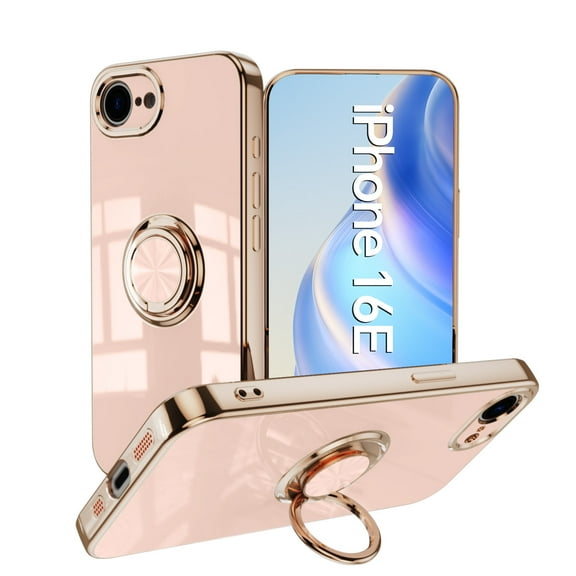 Case for iPhone 16e Case with Ring Stand [360° Rotatable Ring Holder Magnetic Kickstand][Support Car Mount] Plating Rose Gold Edge Soft Flexible TPU Luxury Phone Case Cover, Light Pink