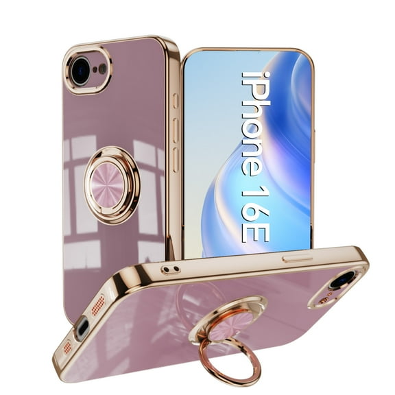 Case for iPhone 16e Case with Ring Stand [360° Rotatable Ring Holder Magnetic Kickstand][Support Car Mount] Plating Rose Gold Edge Soft Flexible TPU Luxury Phone Case Cover, Purple