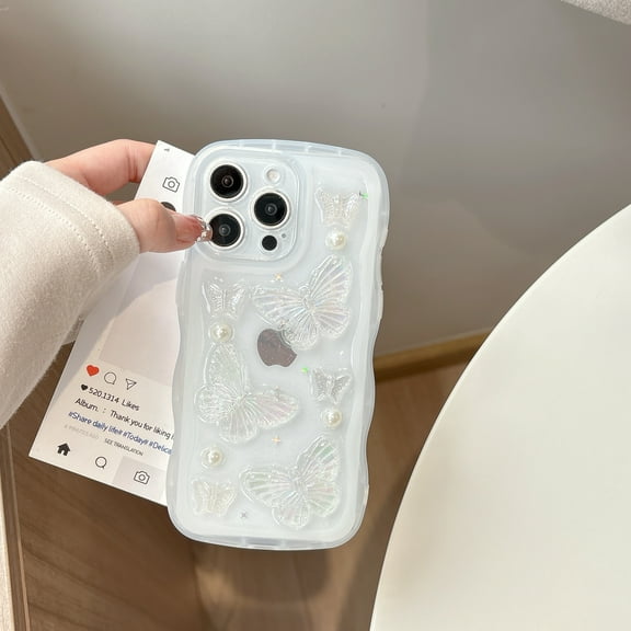 Case for iPhone 17e / 16e, Cute Butterfly Pearl Design, Wavy Edge Semi-Transparent TPU Cover, Camera & Screen Protection, Anti-Scratch Anti-Yellowing Lightweight Case for Girls/Women, White