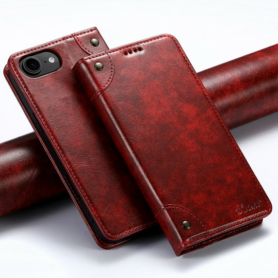 Case for iPhone 16e, Magnetic Matte Premium PU Leather Stand Flip Cover with Card Slots and Wallet, Shockproof and Full Body Protection Compatible with iPhone 16e - Red