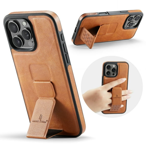 Case for iPhone 16e, PU Leather, Magnetic Hand Grip Bracket, Classic Ultra Slim Lightweight Drop Protective Business Men Women Phone Case Cover Compatible with iPhone 16e, Brown