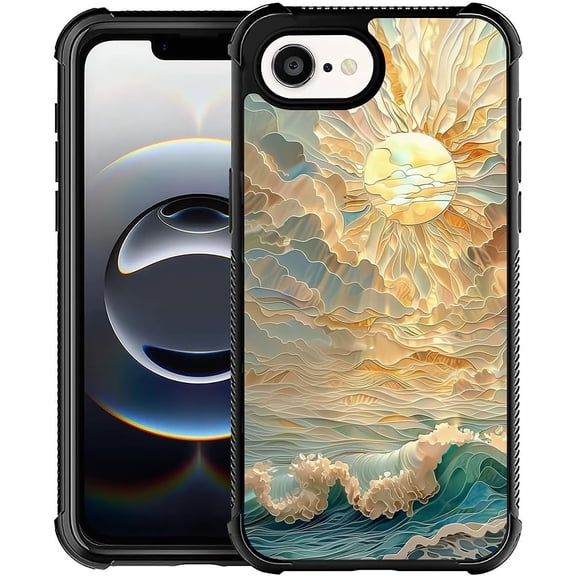 Case for iPhone 16e, Shockproof 4 Corner Air Cushion + Soft TPU Bumper with Anti-Slip Grip & Stylish Pattern for Men Boys & Woman Girls - Ocean Waves Sun Rays Stained Glass
