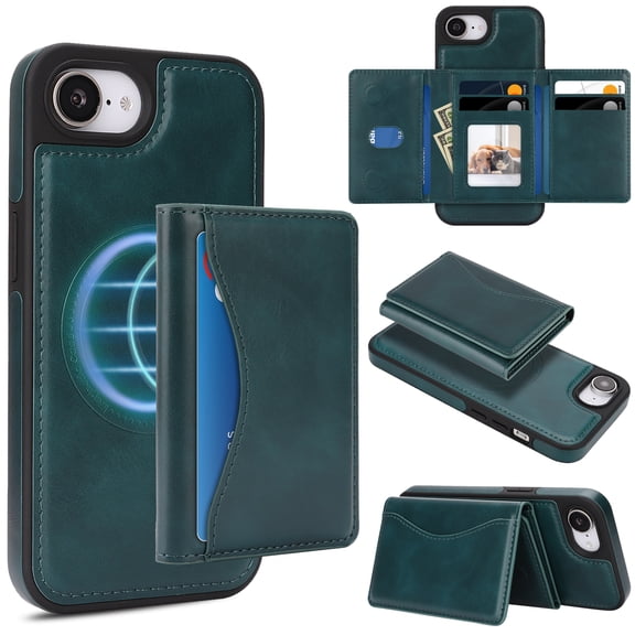 Case for iPhone 16e Wallet Case with Detachable Folio Card Holder [RFID Blocking], Kickstand, Magnetic Back Case Compatible with Mag-Safe, Protective Cover for iPhone 16e, Green