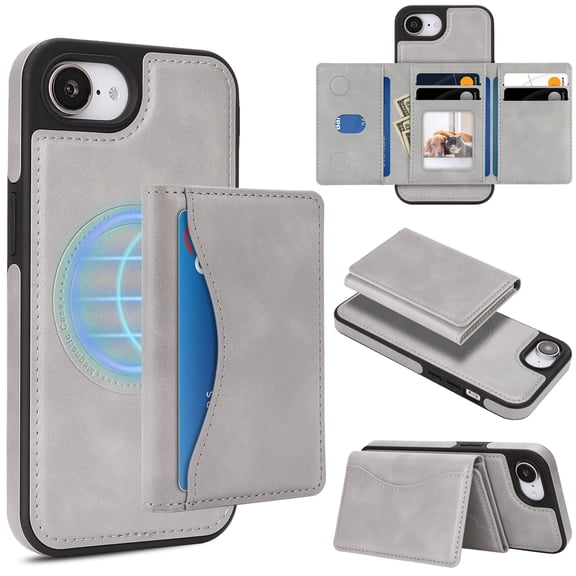 Case for iPhone 16e Wallet Case with Detachable Folio Card Holder [RFID Blocking], Kickstand, Magnetic Back Case Compatible with Mag-Safe, Protective Cover for iPhone 16e, Gray