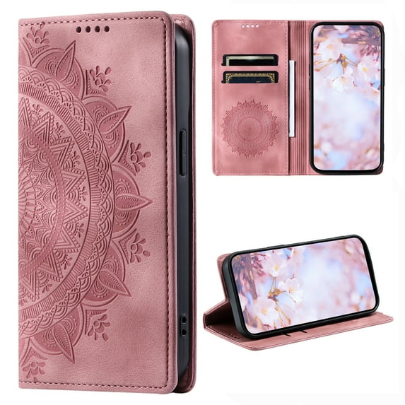 Case for iPhone 16e Wallet Case for Women Girls with Card Holder, Embossed Flower Pattern Magnetic Flip PU Leather Purse Protective Phone Cover for iPhone 16e, Pink