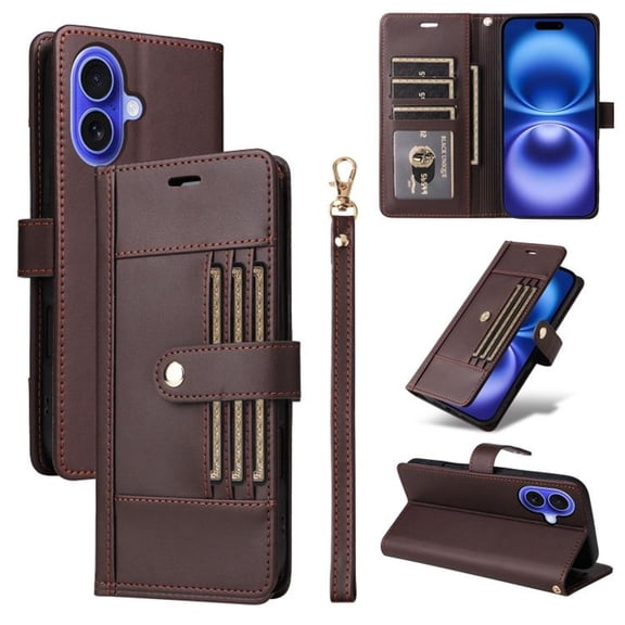 Case For iPhone 17 6.3" RFID Blocking Protective Purse Case With 6-card Slots Kickstand Shockproof Protective Buckle Leather Cover,Brown,For iPhone 17