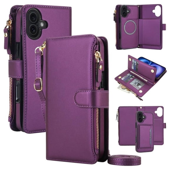 Case for iPhone 17 6.3 inch, RFID Blocking, Multi-Card Slots, Zipper Pocket 2 in1 Detachable Wallet With Shoulder Strap and Wrist Strap Shockproof Protective Magnetic Case,Purple,For iPhone 17