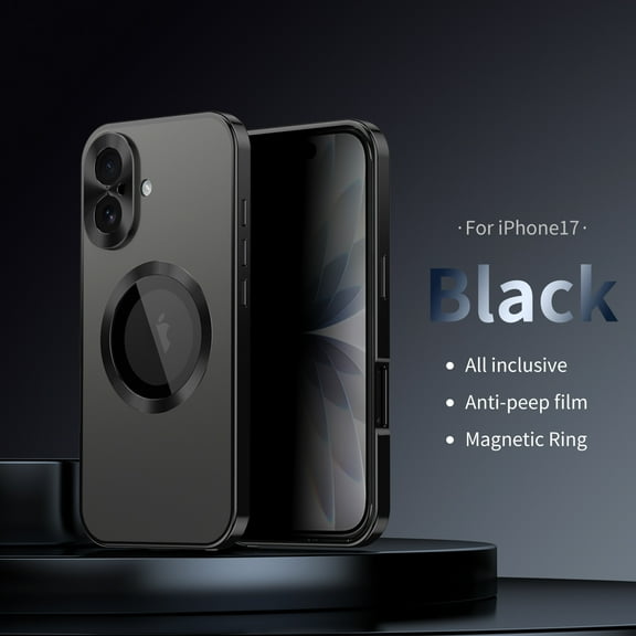Case for iPhone 17 Anti-Peeping Case with Tempered Glass Privacy Screen Protector CD Pattern Lens Circle, Shockproof Rugged PC + Metal Frame Anti-Scratches Cover, Black