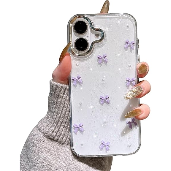 Case for iPhone 17, Bling Glitter 3D Bowknot Phone Case Cute Sparkly Crystal Clear Bow Aesthetic Design Cover Slim Soft Durable TPU Transparent Protective Cover for Women Girl - Purple Bow