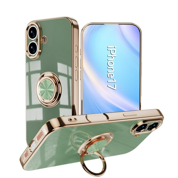 Case for iPhone 17 Case with Ring Stand [360° Rotatable Ring Holder Magnetic Kickstand][Support Car Mount] Plating Rose Gold Edge Soft Flexible TPU Luxury Phone Case, Fruitgreen