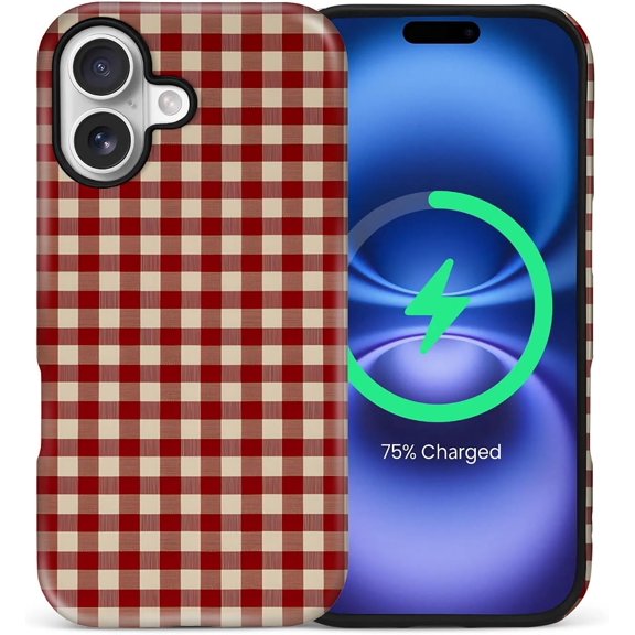 Case for iPhone 17, Compatible with MagSafe Hard Shell, Soft Silicone 2 in 1 Hybrid Shockproof Bumper Drop Protective Case Red Checkerboard Retro British Style