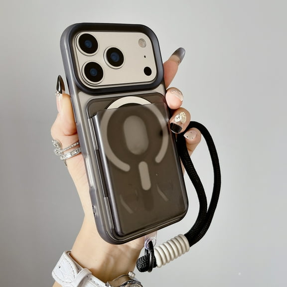 Case for iPhone 17 with Detachable Magnetic Card Slot and Wrist Strap, Compatible with MagSafe, Luxury TPU PC Anti-Scratch Protective Transparent Back Case, for iPhone 17, Black