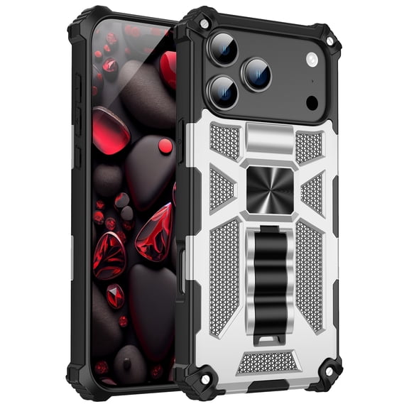 Case for iPhone 17, Luxury Armor Kickstand Bracket Shockproof Bumper Textured Matte Design Military Drop Proof Protection Hard Phone Case Cover for iPhone 17, Silver
