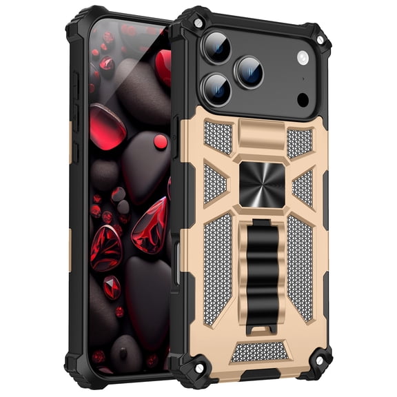 Case for iPhone 17, Luxury Armor Kickstand Bracket Shockproof Bumper Textured Matte Design Military Drop Proof Protection Hard Phone Case Cover for iPhone 17, Gold