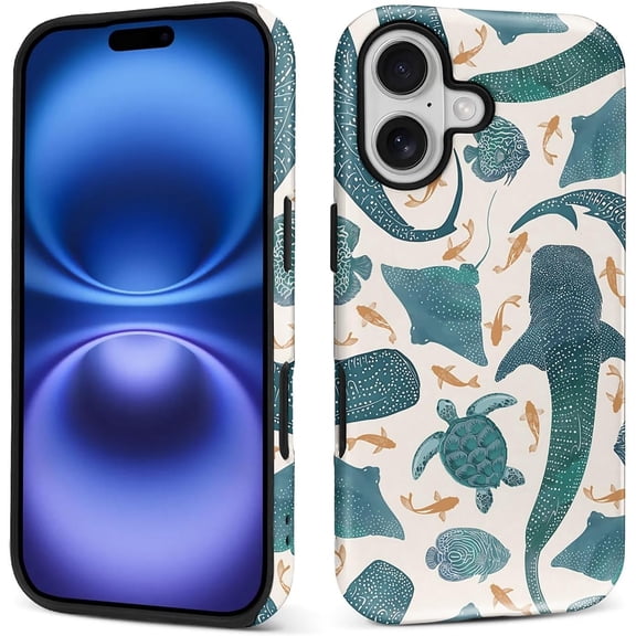 Case for iPhone 17, Matte Soft Silicone + Hard PC Anti-Scratch Full Body Rugged Shockproof Protective 2-in-1 Case for Women Men - Whale Shark Turtle Ocean Coral
