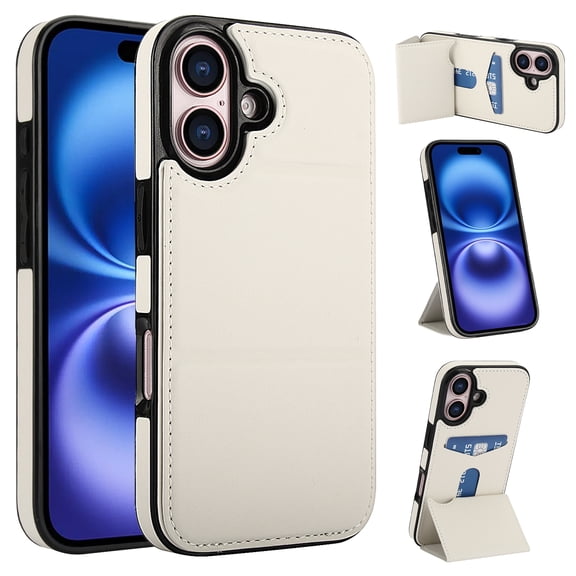 Case for iPhone 17, PU Leather + Soft TPU, Luxury Kickstand Card Slots Back Case Magnetic Ultra Slim Protective Shockproof Phone Cover for iPhone 17, Beige