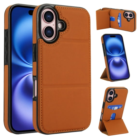 Case for iPhone 17, PU Leather + Soft TPU, Luxury Kickstand Card Slots Back Case Magnetic Ultra Slim Protective Shockproof Phone Cover for iPhone 17, Brown