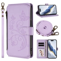 Case for iPhone 17, PU Leather TPU, with Crossbody Strap Wrist Strap, Zipper Pocket Card Slots and Cash Pocket Magnetic Clasp Kickstand Embossed Women Girls Wallet Case, Purple