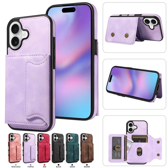 Case for iPhone 17, Premium PU Leather + TPU Protective Back Cover with Card Slots Finger Ring Kickstand Magnetic Closure Shockproof Drop Protective for iPhone 17, Purple