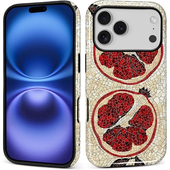 Case for iPhone 17 Pro, 2 in 1 PC Hard Shell & Silicone Inner Bumper Anti-Scratch Full-Body Cover Shockproof Slim Design Pomegranate Mosaic Spanish Summer