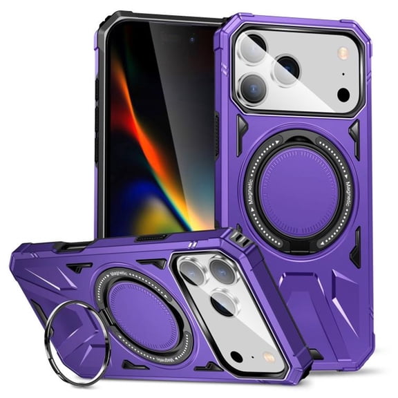 Case for iPhone 17 Pro 6.3" with 360° Spin Magnetic Stand Ring Holder, Compatible with MagSafe, 16FT Mil-Grade Shockproof Dropproof Tough Rugged Protective Case Cover,Purple,For iPhone 17 Pro