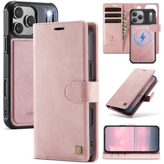 Case for iPhone 17 Pro 6.3" RFID Blocking Protective Purse Case with 3-card Slots Kickstand 2 in 1 Detachabl Flip Shockproof Protective Cover,Pink,For iPhone 17 Pro