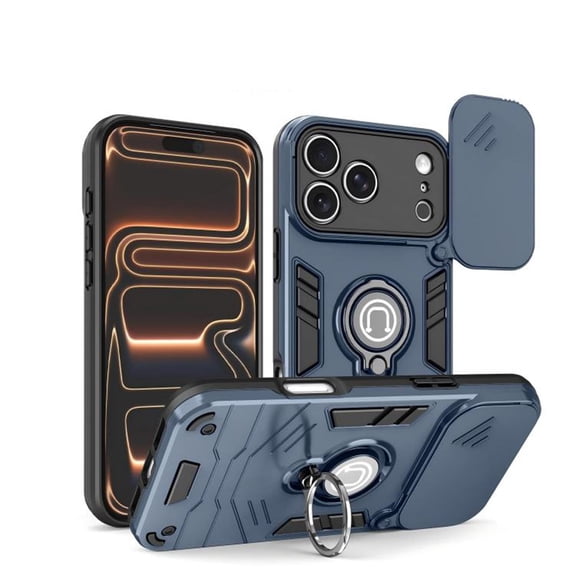 Case for iPhone 17 Pro Built In Slide Camera Cover & 360°  Rotatable Kickstand Sliding Ring Heavy Duty ShockProof Protective Cover,Blue,For iPhone 17 Pro