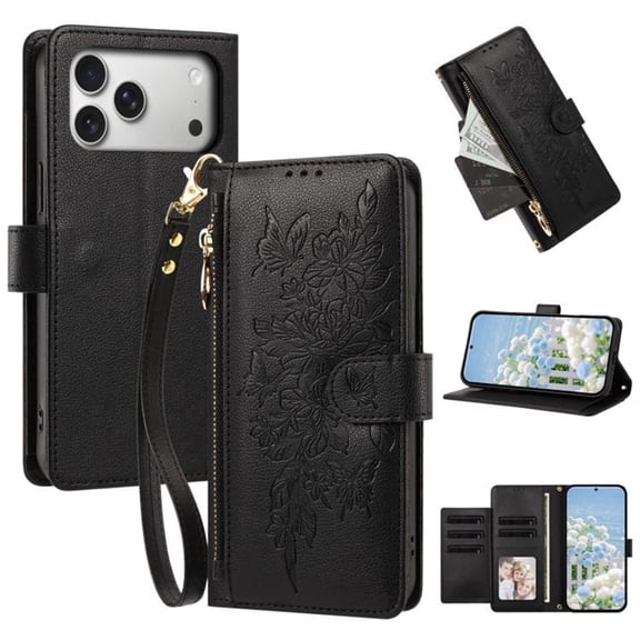 Case For iPhone 17 Pro Butterfly Flower Multi-card Holder Zipper Wallet With Lanyard Magnetic Clasp Flip Stand Leather Phone Case,Black,For iPhone 17 Pro