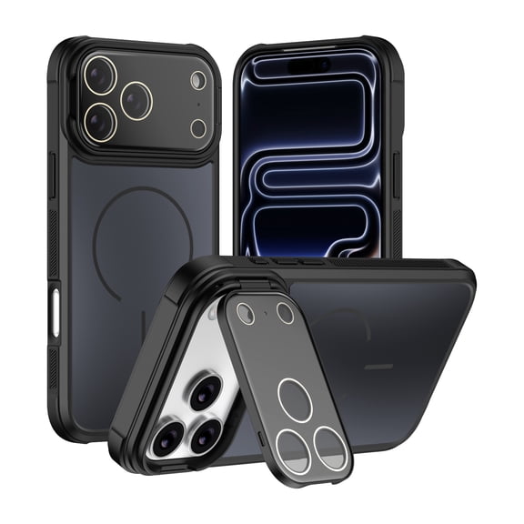 Case for iPhone 17 Pro with Camera Lens Protector, Compatible with MagSafe, with Camera Cover Kickstand, Skin Friendly Anti-Slip Grip Matte Drop Protective TPU+PC Slim Phone Cover, Black