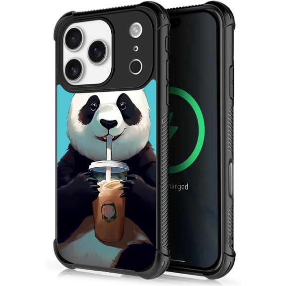 Case for iPhone 17 Pro Case, Case for MagSafe Graphic Design Case for Girl Boy Soft Silicone Hard Acrylic Shock Protection Designed Case for iPhone 17 Pro Cute Cartoon Panda Drink Coffee Pattern