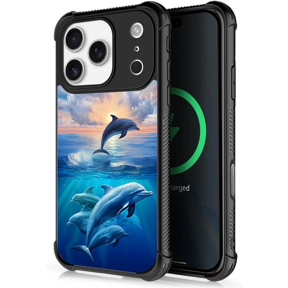 Case for iPhone 17 Pro Case, Case for MagSafe Graphic Design Case for Girl Boy Soft Silicone Hard Acrylic Shock Protection Designed Case for iPhone 17 Pro Sunset Dolphin Ocean Pattern