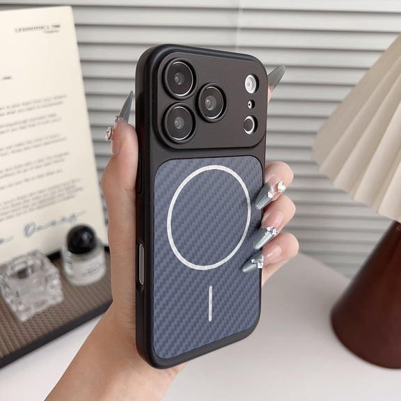 Case for iPhone 17 Pro, Compatible with MagSafe, Carbon Fiber Texture Back Sticker, Shock-Absorbing Anti-Drop Thin Hard PC Wireless Charging Phone Cover with Large Camera Window, Black