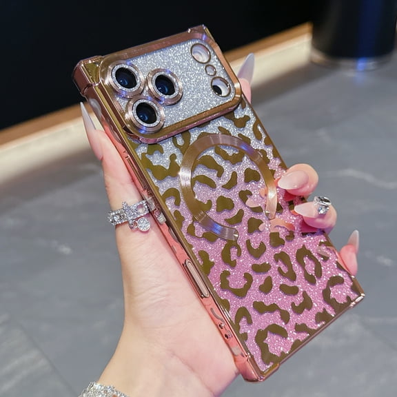 Case for iPhone 17 Pro, Compatible with MagSafe Gradient Glitter Bling Leopard Design Plating Camera Lens Protection Clear Soft Shockproof Anti-Scratch Cover for Women Girls, Pink