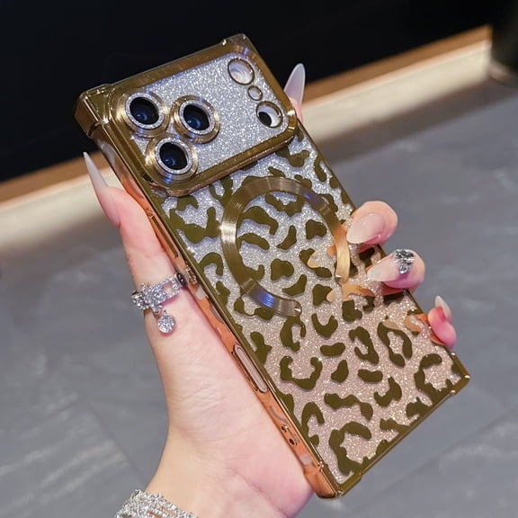 Case for iPhone 17 Pro, Compatible with MagSafe Gradient Glitter Bling Leopard Design Plating Camera Lens Protection Clear Soft Shockproof Anti-Scratch Cover for Women Girls, Gold