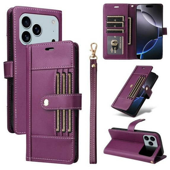 Case For iPhone 17 Pro Max 6.9" RFID Blocking Protective Purse Case With 6-card Slots Kickstand Shockproof Protective Buckle Leather Cover,Purple,For iPhone 17 Pro Max