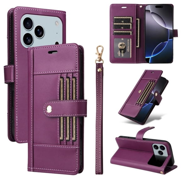 Case For iPhone 17 Pro Max  6.9" RFID Blocking Protective Purse Case With 6-card Slots Kickstand Shockproof Protective Buckle Leather Cover,Purple,For iPhone 17 Pro Max