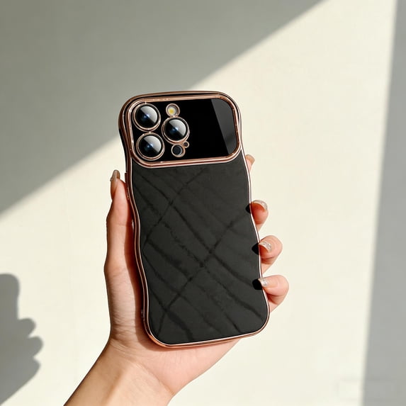 Case for iPhone 17 Pro Max with Camera Lens Protector, Luxury Plating Case for Women Girls Cute Wave Shaped Electroplated Edge Shockproof TPU Bumper Cover Case for iPhone 17 Pro Max, Black