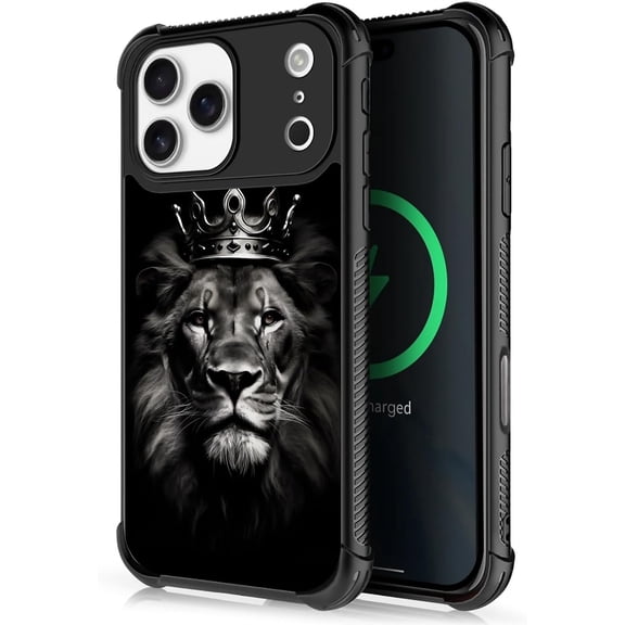 Case for iPhone 17 Pro Max Case, Case for MagSafe Graphic Design Case for Girl Boy Soft Silicone Hard Acrylic Shock Protection Designed Case for iPhone 17 Pro Max King Crown Lion Pattern
