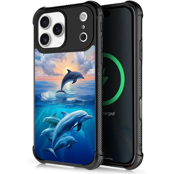 Case for iPhone 17 Pro Max Case, Case for MagSafe Graphic Design Case for Girl Boy Soft Silicone Hard Acrylic Shock Protection Designed Case for iPhone 17 Pro Max Sunset Dolphin Ocean Pattern