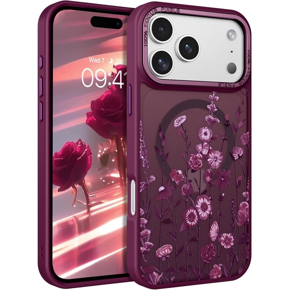 Case for iPhone 17 Pro Max Case, Magnetic Phone Case for iPhone 17 Pro Max [Compatible with MagSafe] Slim Fit Flowers Floral Design Shockproof Protective Bumper Women Men Girls Cover - Wine Red