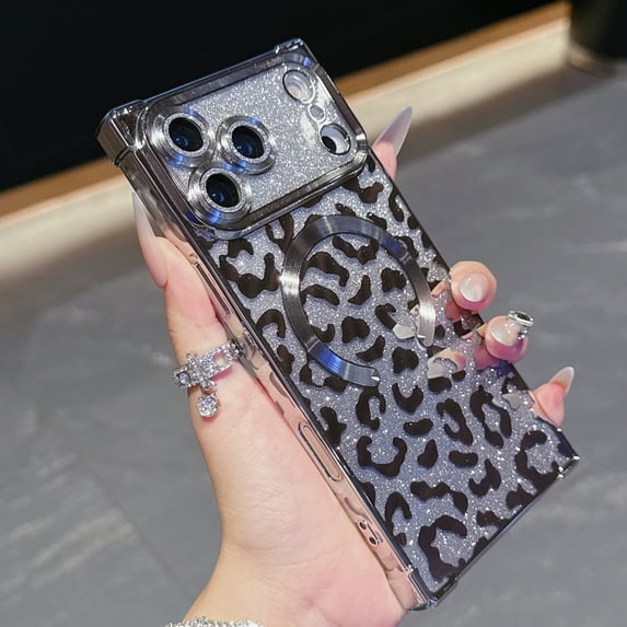 Case for iPhone 17 Pro Max, Compatible with MagSafe Gradient Glitter Bling Leopard Design Plating Camera Lens Protection Clear Soft Shockproof Anti-Scratch Cover for Women Girls, Silver