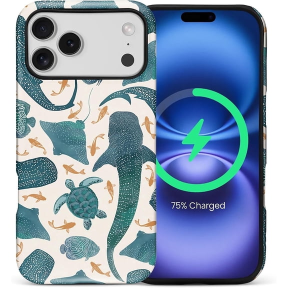 Case for iPhone 17 Pro Max [Compatible with MagSafe], Matte Soft Silicone + Hard PC Anti-Scratch Shockproof Protective 2-in-1 Case for Women Men - Whale Shark Turtle Ocean Coral