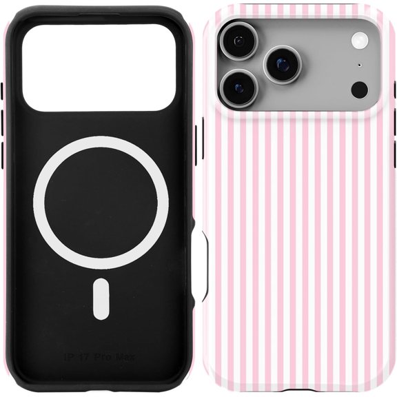 Case for iPhone 17 Pro Max, [Compatible with Magsafe] [6.6ft Military-Drop Protection] 2 in 1 Case Cover 360 Degree Full Body Protective Phone Case (Pink Stripes Lines)