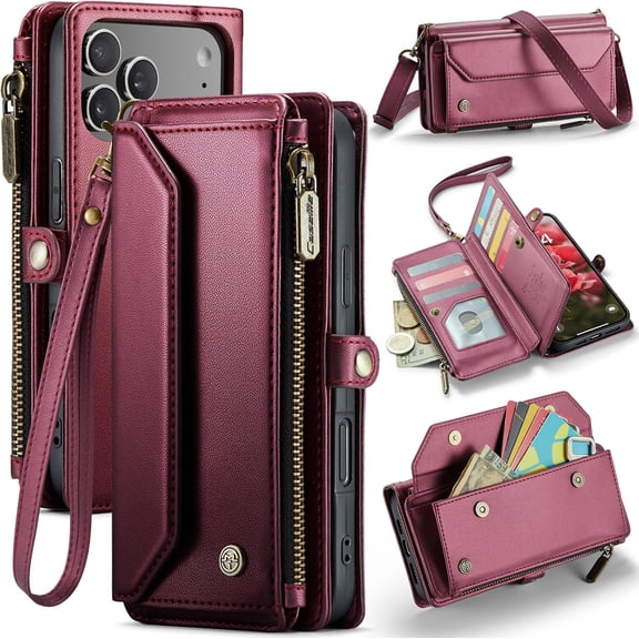 Case for iPhone 17 Pro Max, Crossbody Wallet Phone Case with RFID Blocking Kickstand, Anti-Drop Wireless Charging Card Slots, PU Leather Shoulder Bag Clutch Adjustable Strap