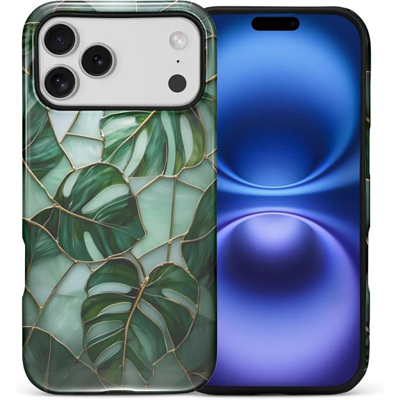 Case for iPhone 17 Pro Max, Durable Drop Protection Shockproof Silicone and Hard PC 2 in 1 Hybrid Protective Cover with Stylish Pattern Design - Stained Glass Style Monstera Leafs