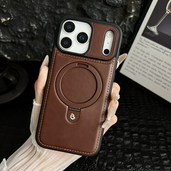 Case for iPhone 17 Pro Max Magnetic Ring Holder Kickstand Case Support Wireless Charging MagSafe, Shockproof PU Leather Anti-Scratch Phone Cover for iPhone 17 Pro Max, Coffee