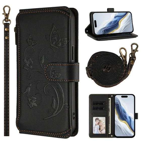 Case for iPhone 17 Pro Max, PU Leather + TPU, with Crossbody Strap + Wrist Strap, Zipper Pocket Card Slots and Cash Pocket Magnetic Clasp Kickstand Embossed Women Girls Wallet Case, Black