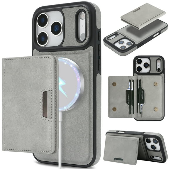 Case for iPhone 17 Pro Max, PU Leather + TPU Protective Cover with Detachable Magnetic Card Holder Kickstand, Classic Business Style, Microfiber Lining for iPhone 17 Pro Max, Gray