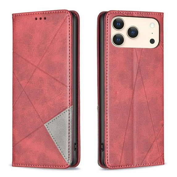 Case for iPhone 17 Pro Max,Rhombus Pattern Flip Wallet Leather Case with Card Holder Magnetic Closure Shockproof Kickstand Protective Phone Cases Cover,Red,For iPhone 17 Pro Max