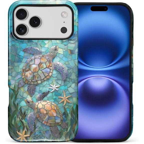 Case for iPhone 17 Pro Max, Sea Turtle Stained Glass Mosaic Design Hybrid Dual Protection Soft TPU Hard PC Shockproof Anti-Scratch Cover Men Women Stylish Protective Phone Case